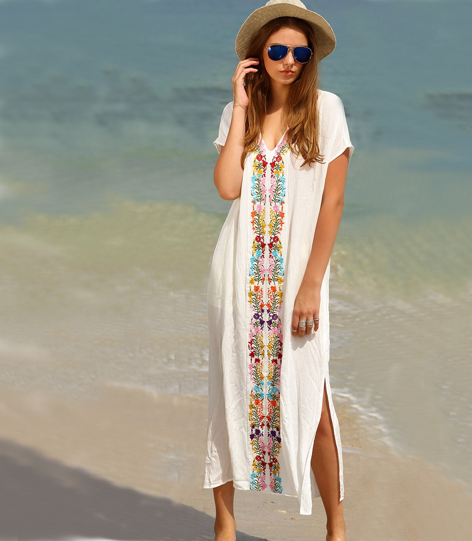 F4565 White Placement Print Split Side Maxi Dress